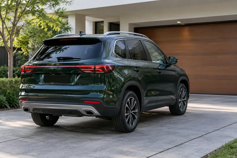 Pandangan belakang SUV pegun.